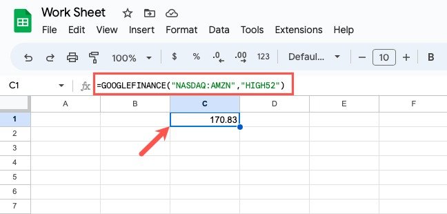 Формула GOOGLEFINANCE для расчета 52-недельного максимума Amazon