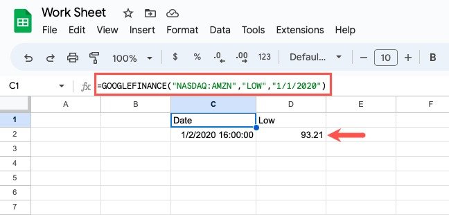 Формула GOOGLEFINANCE для определения минимума Amazon на определенную дату