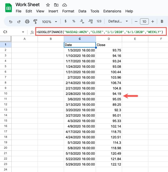 Формула GOOGLEFINANCE для открытия Amazon с датами начала и окончания еженедельно