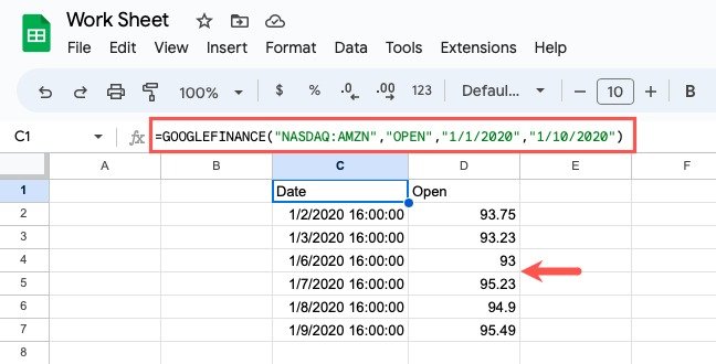 Формула GOOGLEFINANCE для открытия Amazon с датами начала и окончания