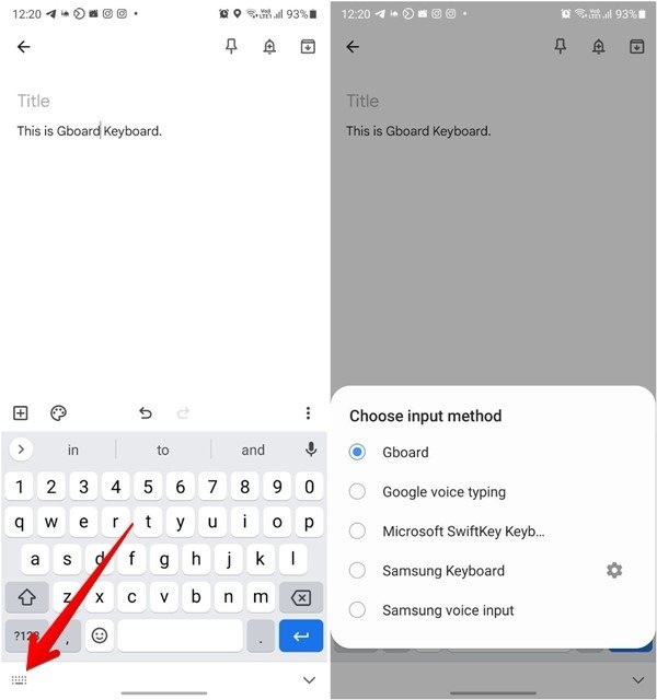 Переключение на Gboard из списка активных виртуальных клавиатур на телефоне Android.