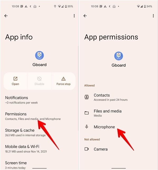 Предоставление разрешения на использование микрофона для Gboard на телефоне Android.