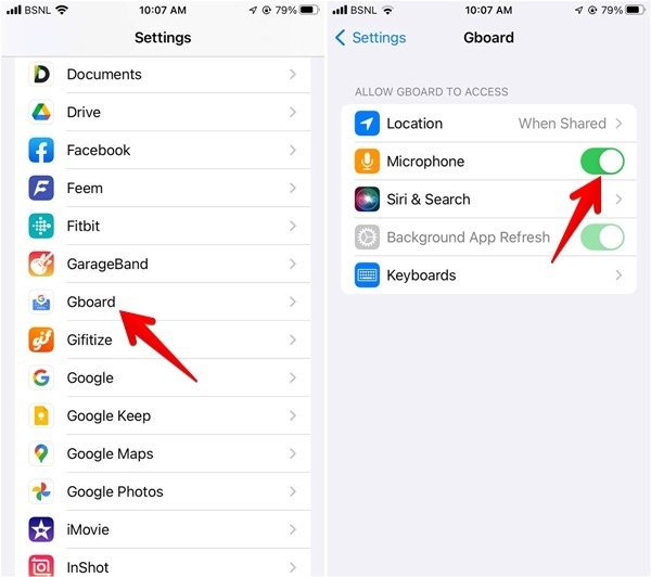 Включение доступа к микрофону для Gboard в настройках iOS.