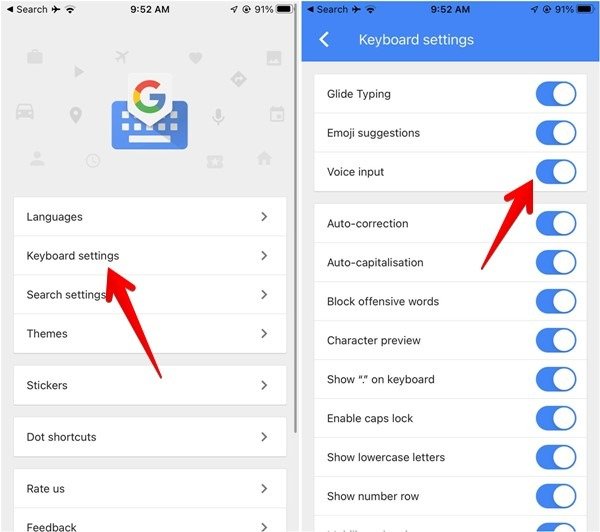 Включение «Голосового ввода» в настройках клавиатуры в приложении Gboard для <h2><span id=