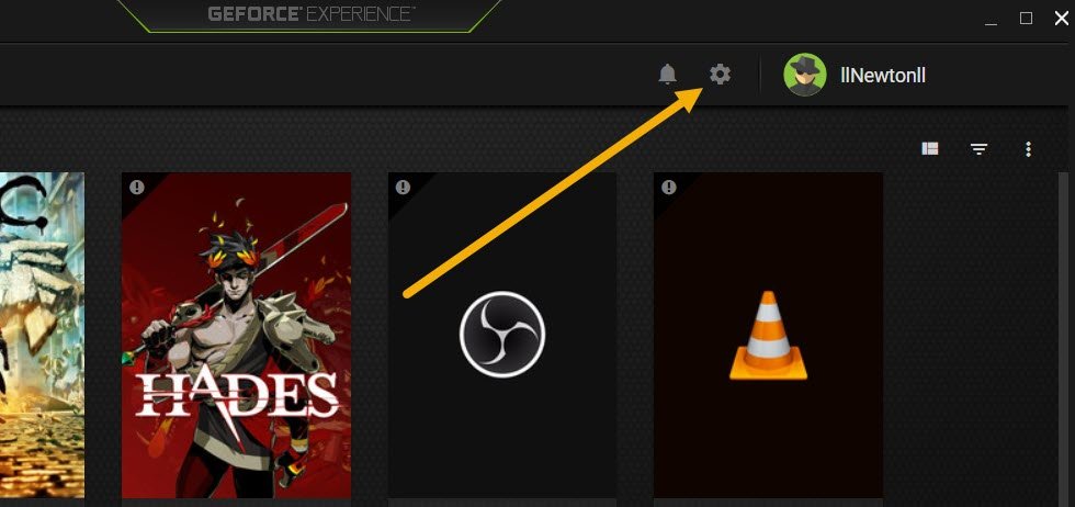 Нажатие кнопки в форме шестеренки в приложении NVIDIA GeForce Experience.