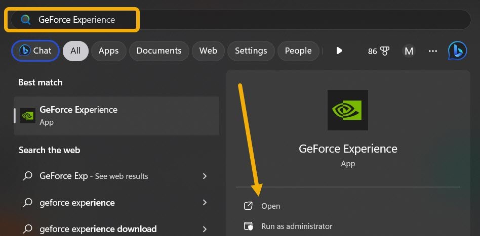 Введите «GeForce Experience» в поиске Windows.