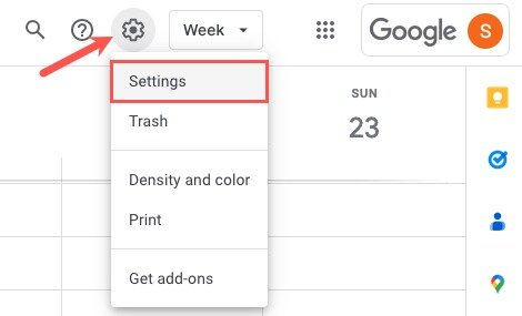 Настройки значка шестеренки в Календаре Google