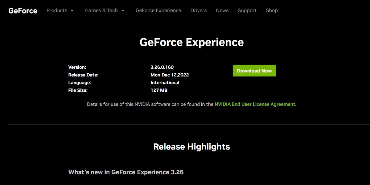 Страница загрузки GeForce Experience.