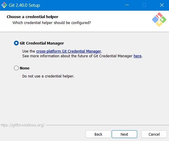 Выберите Git Credential Manager в качестве помощника по учетным данным по умолчанию для настройки.