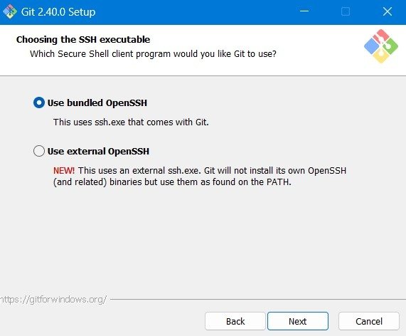 Выбор встроенного OpenSSH в качестве исполняемого файла SSH для использования Git.