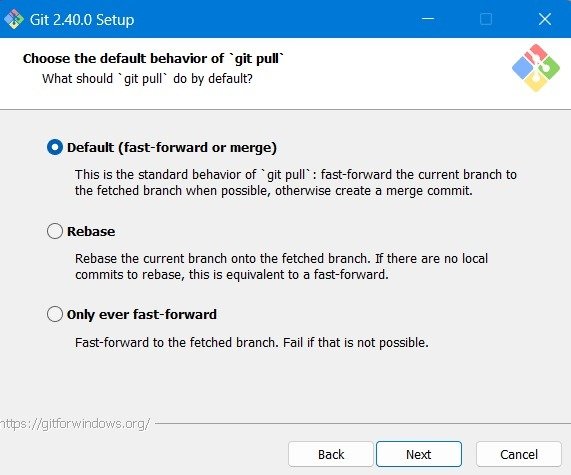 Выберите поведение Git pull по умолчанию в качестве опции быстрой перемотки вперед и слияния по умолчанию.