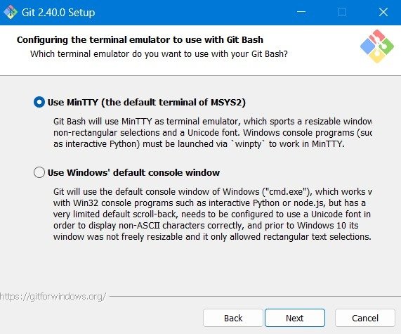Используйте MinTTY в качестве эмулятора терминала по умолчанию для настройки Git Bash в Windows.