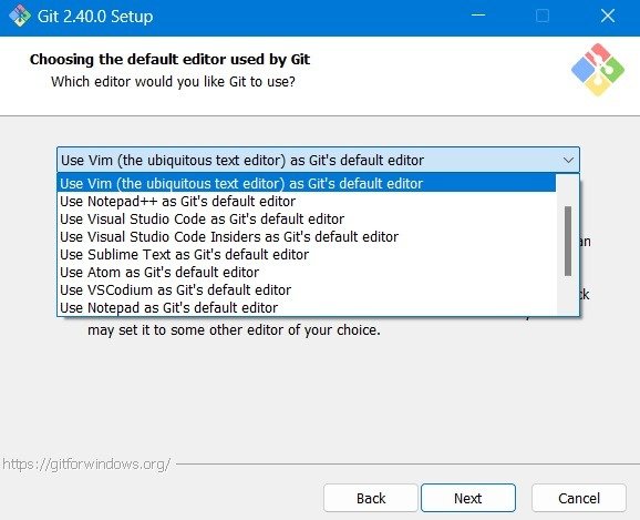 Выбор Vim в качестве текстового редактора по умолчанию для установки Git в Windows с видимыми другими параметрами.