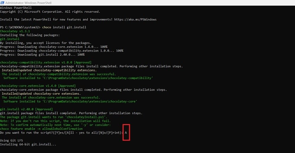 Нажмите A, чтобы установить все сценарии Git через Chocolatey в PowerShell.