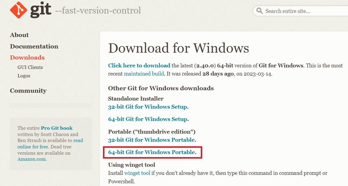 Ссылки для скачивания портативной версии Git в Windows.