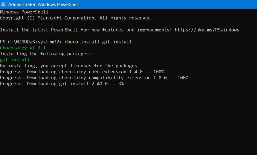 Установка Git через программу Chocolatey в окне PowerShell.