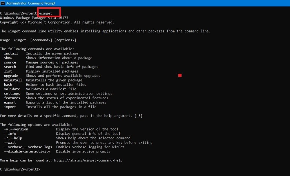 Введите Winget в режиме администратора командной строки, чтобы просмотреть его параметры.