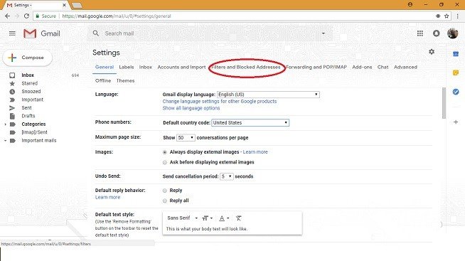 Местоположение Gmail для фильтров и заблокированных адресов