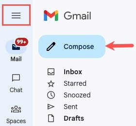 Значок меню Gmail и кнопка «Написать»