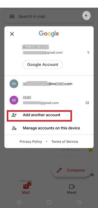 Gmail Multiple Управление Добавление учетной записи Мобильный планшет