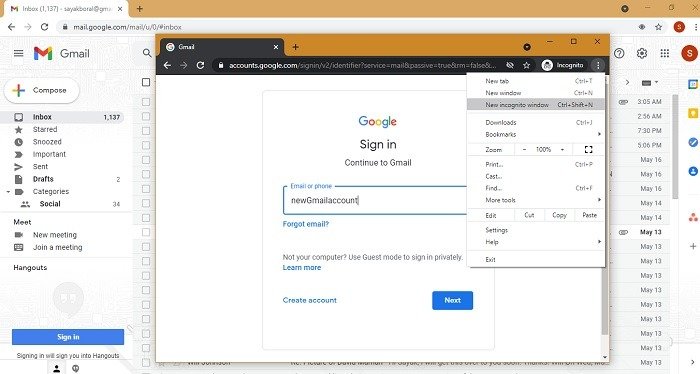 Gmail Несколько Управление режимом инкогнито Chrome