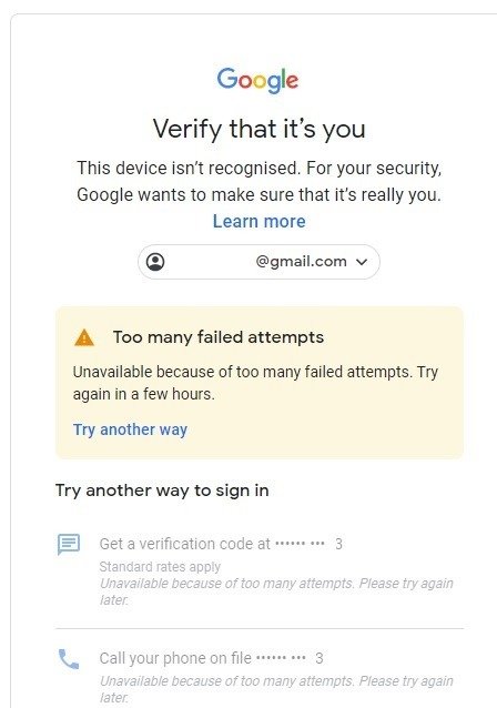 Экран ошибки Gmail «Слишком много попыток»