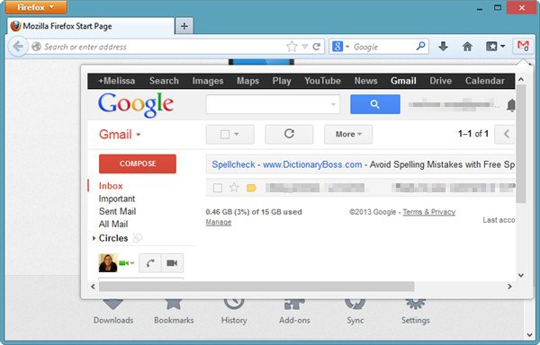 Панель Gmail в Firefox