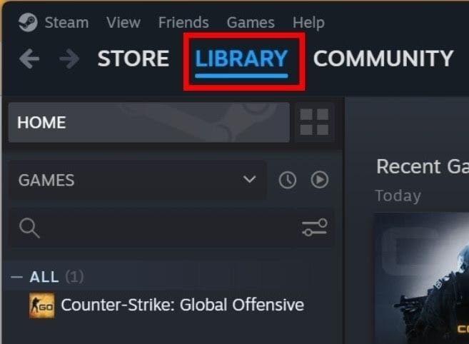 Нажмите «Библиотека» в левом верхнем углу экрана Steam.
