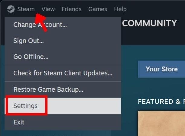 Выбор «Настройки» в раскрывающемся меню Steam.