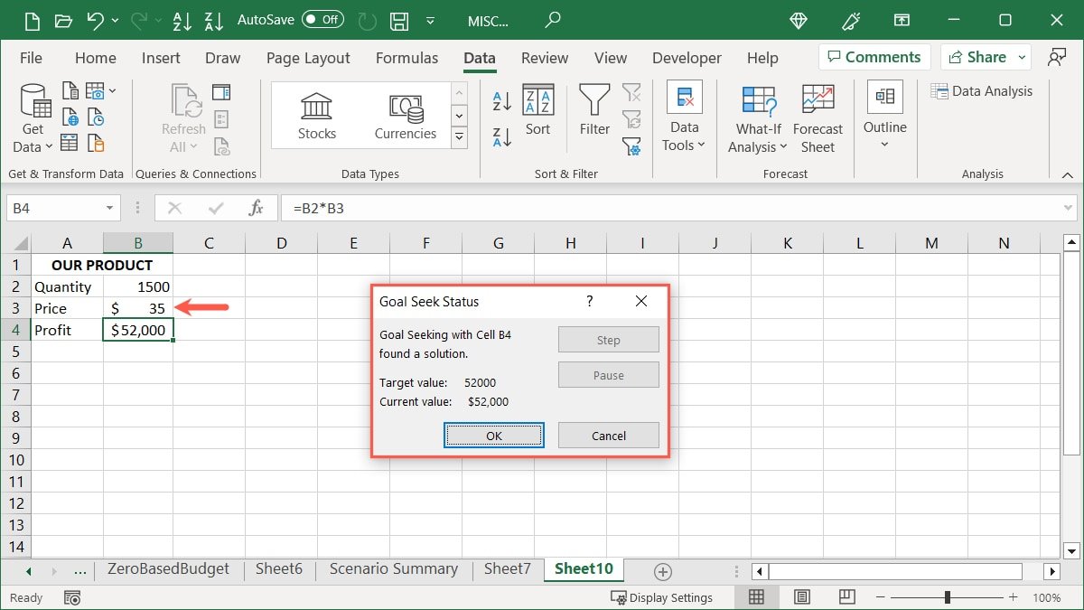 Сообщение о поиске цели решено в Excel