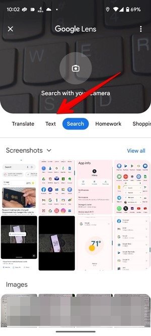 Нажатие на вкладку «Текст» в приложении Google Lens.
