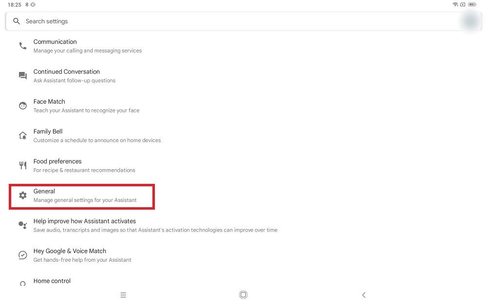 Выберите «Общие», чтобы просмотреть настройки Google Assistant на планшете Android.