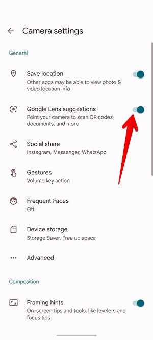 Включение «Предложений Google Lens» в настройках Google Camera.