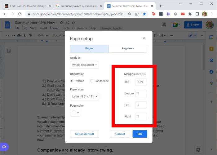 Поля настройки страницы Google Doc 1