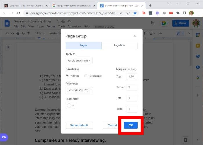 Настройка страниц Google Doc Margins ОК