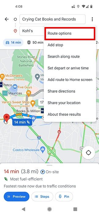 Параметры маршрута движения Google Maps