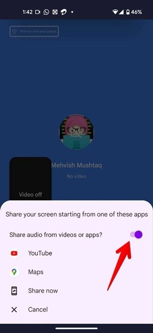 Поделиться экраном видеовызова Google Meet Android со звуком