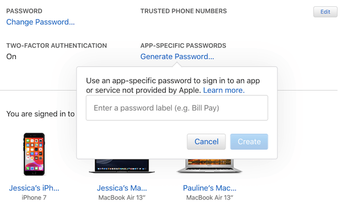 Чтобы включить двухфакторную аутентификацию, вам необходимо сгенерировать пароль для конкретного приложения.