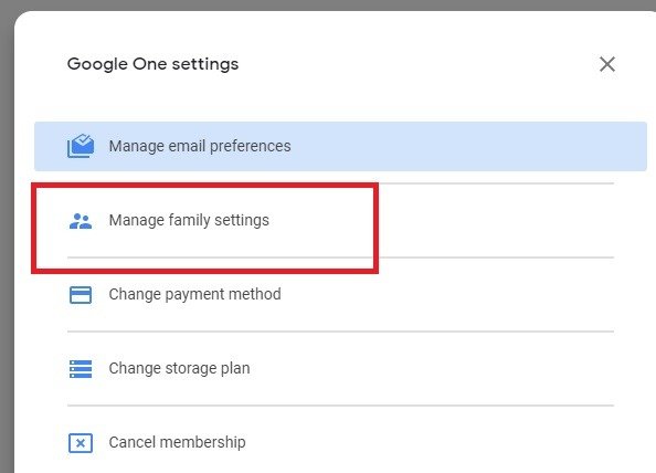 Семейные настройки Google One 1
