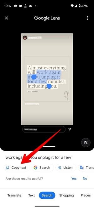 Нажатие кнопки «Копировать текст» в приложении Google Фото.