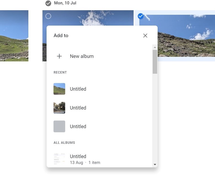 Google Photos ПК Выберите альбом, чтобы добавить изображение