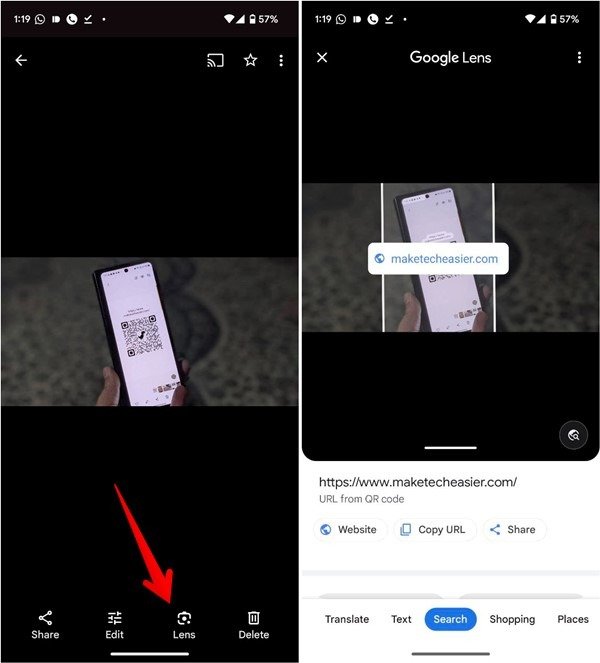 Нажмите значок «Объектив» в приложении Google Photos, чтобы отсканировать QR-код с изображения.