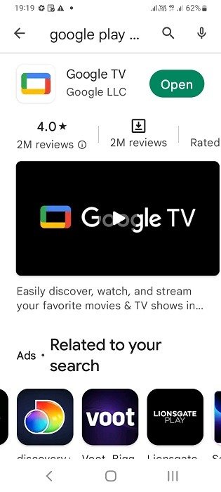 Приложение Google TV видно в Google Play на смартфоне Android.