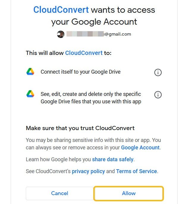 Запрос на конвертацию Google Диска в Cloudconvert