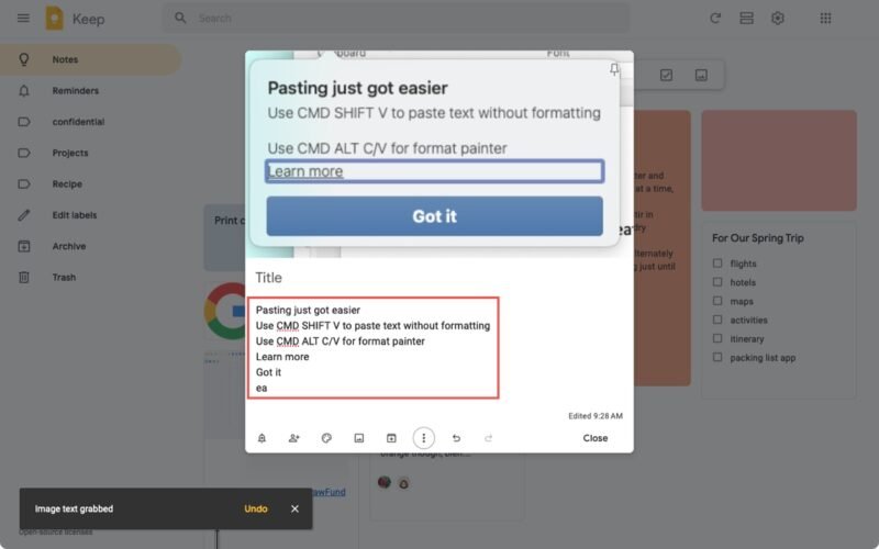 Текст изображения в заметке Google Keep