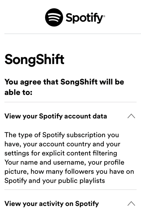 Предоставьте разрешения Spotify и Songshift