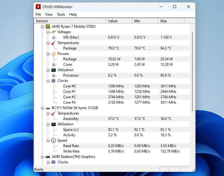 Обзор интерфейса HWMonitor в Windows.