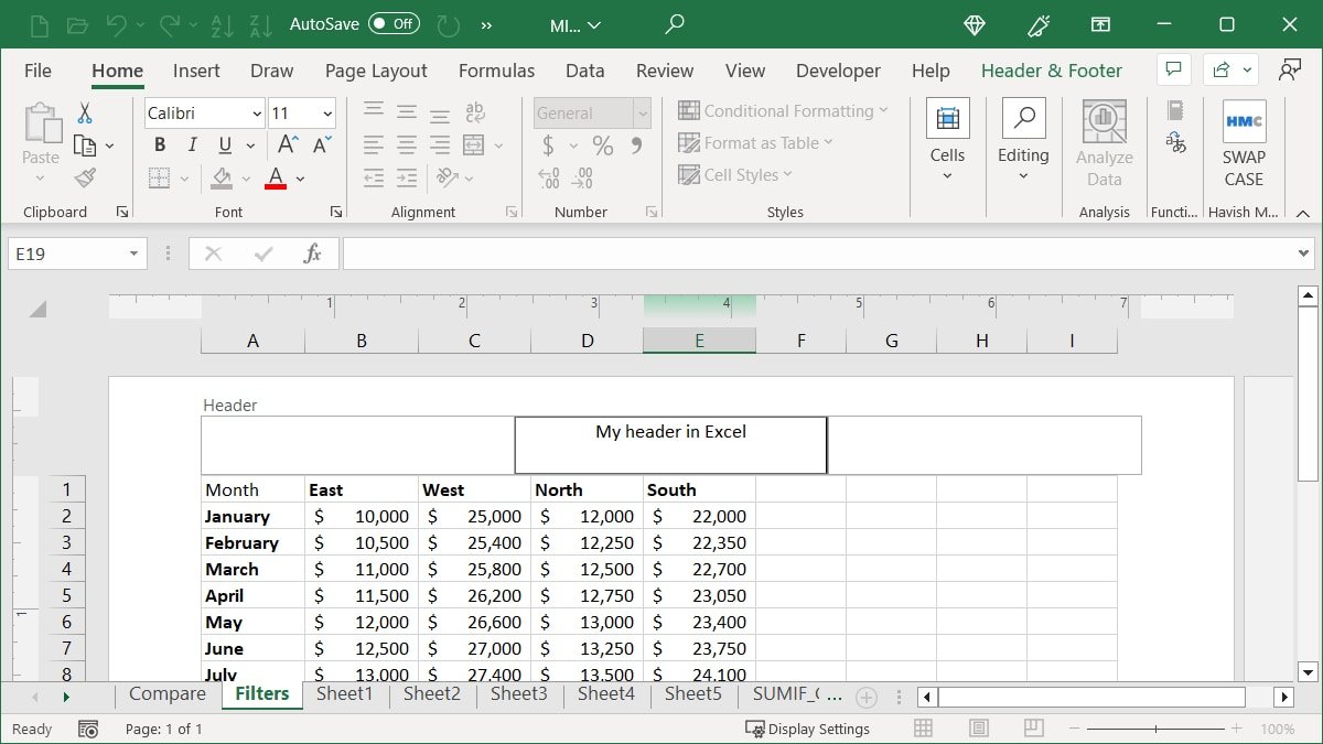 Заголовок с произвольным текстом в Excel