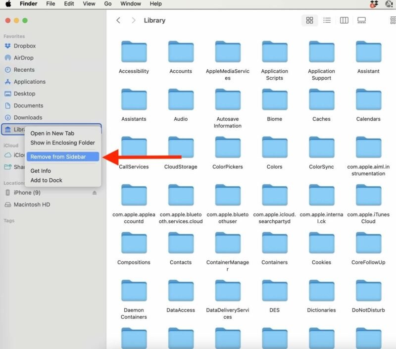 Выберите «Удалить с боковой панели» после щелчка правой кнопкой мыши по папке библиотеки.