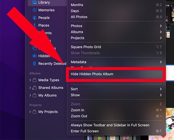 Скрыть фотографии Mac Select «Скрыть скрытый фотоальбом»